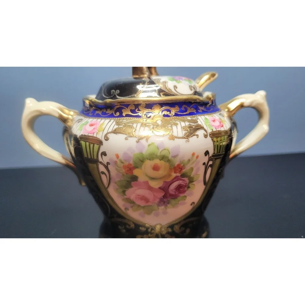 Antique Nippon Condiment Bowl Attached Underplate Hand Painted & Gilded No Spoon